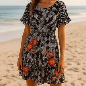 Savanna Jane Dress Floral Embroidered Geometric Boho Flutter Sleeve 2x NWT